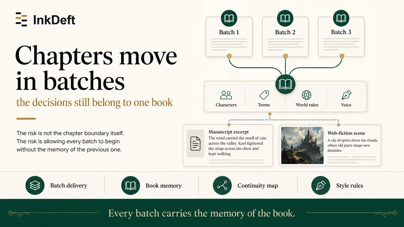 InkDeft keeps batch delivery connected to book memory continuity maps and style rules